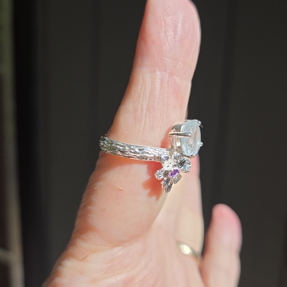 Aquamarine 4k Topaz & Amethyst floral setting sterling & white gold ring sz8 - Picture 4 of 8
